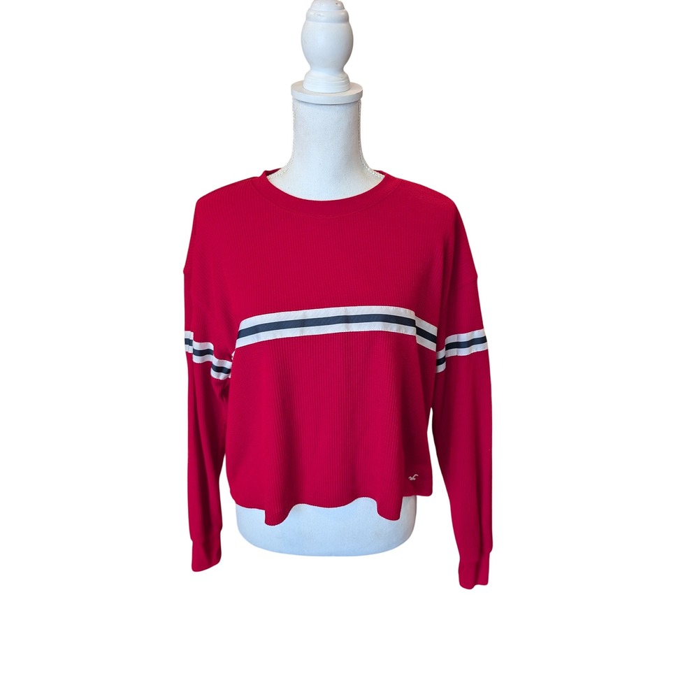 Hollister Long Sleeve Cropped Shirt  Red Waffle Knit Boyfriend Tee Striped Small